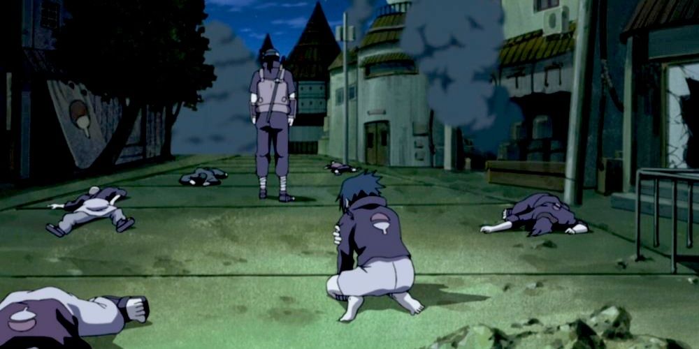 Itachi stands before Sasuke after destroying the Uchiha clan