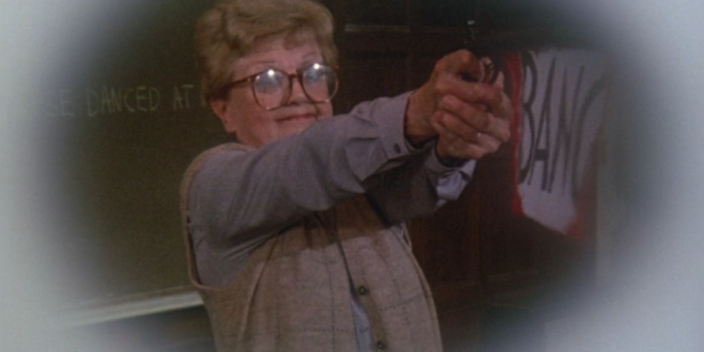 Jessica Fletcher fires a fake gun in the Murder, She Wrote opening credits. A sheet saying &quot;Bang&quot; hangs from the gun itself.