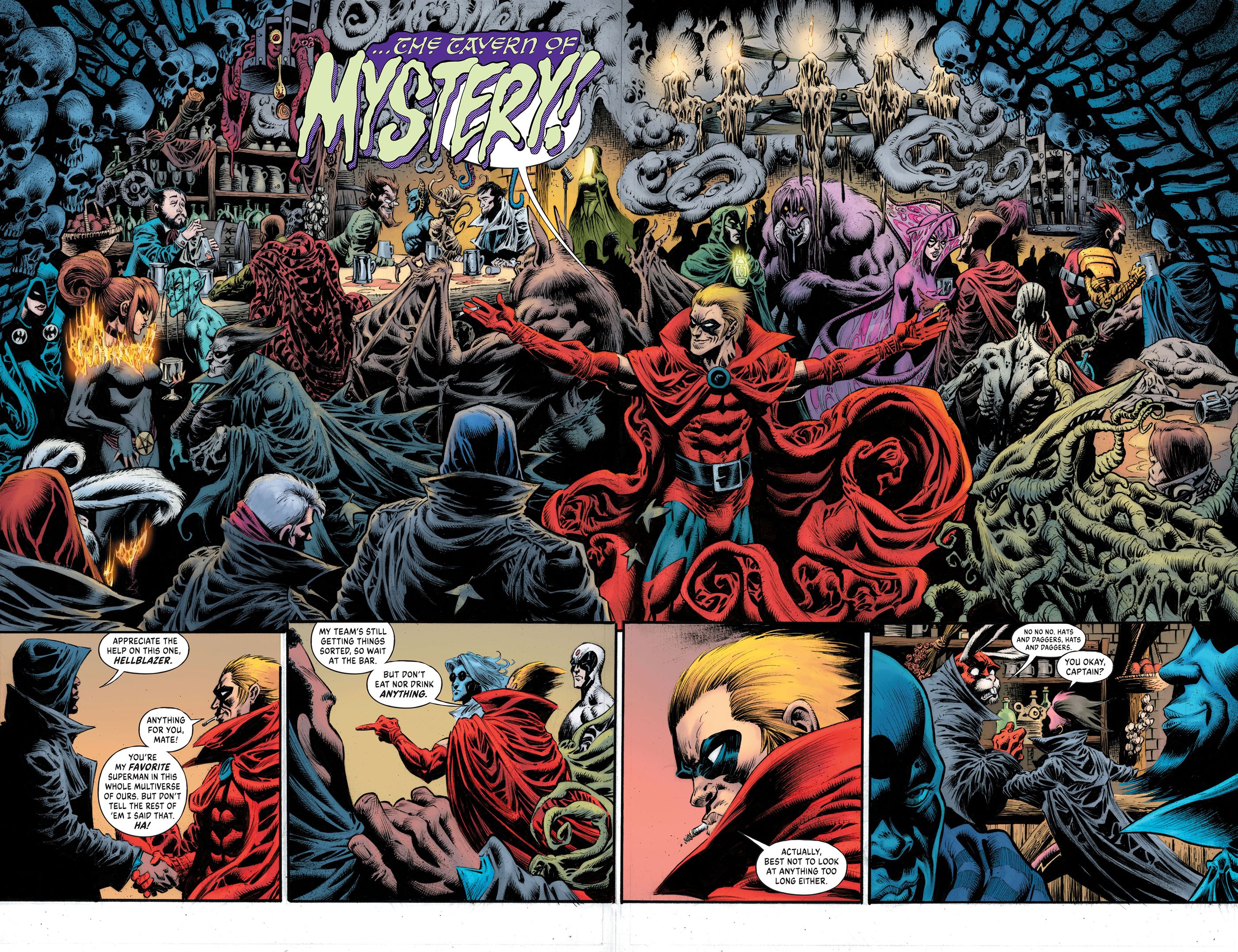 Hellblazer welcomes Justice Incarnate into the Tavern of Mystery.