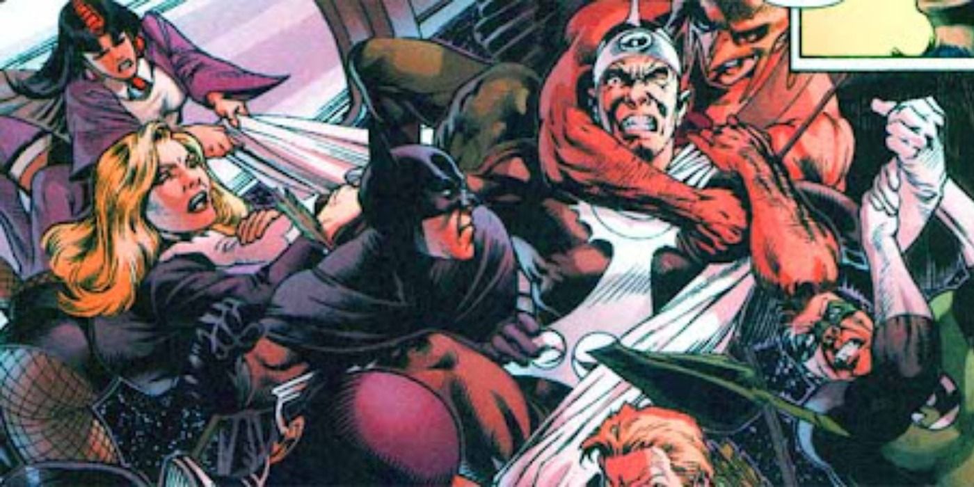 Several members of the Justice League attack Doctor Light in a panel from the controversial miniseries Identity Crisis. 