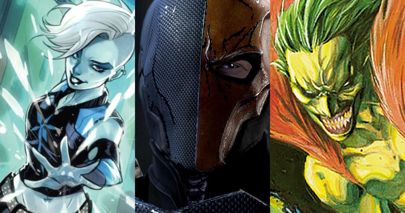 A combined image featuring 3 characters worthy to be in Suicide Squad: Kill the Justice League: Caitlin Snow/Killer Frost on the left, Deathstroke in the middle, and The Creeper on the right.