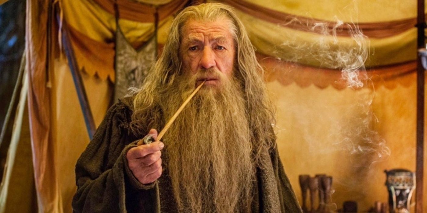 Gandalf smoking a pipe in a tent in The Lord of the Rings: The Fellowship of the Ring