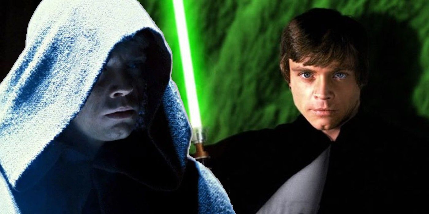 A hooded Luke Skywalker in front of Luke with his Green Lightsaber