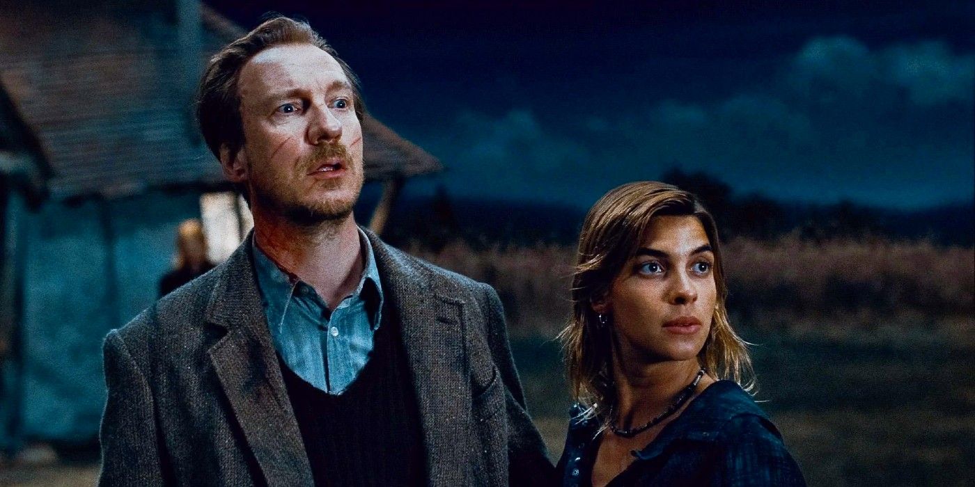 Lupin and Tonks standing outside the Burrow in Harry Potter and the Deathly Hallows Part 1