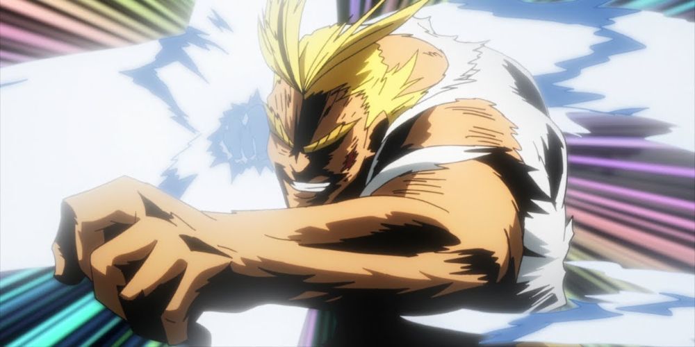 All Might from My Hero Academia, Hand Cocked Back for Punch with Tattered Clothes, Surrounded by Smoke