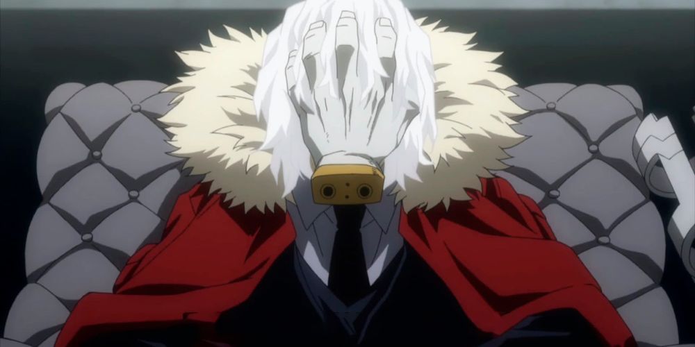 Tomura Shigaraki from My Hero Academia Sitting on Thrones with Red Cape Draped on His Shoulders &amp; Hand Covering His Face