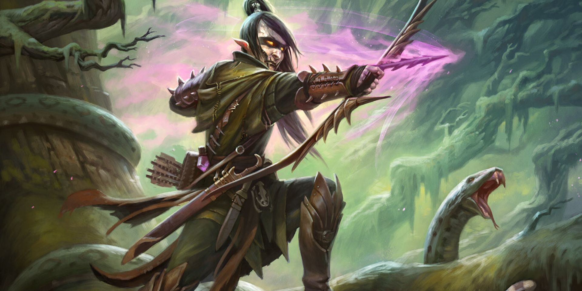An archer clad in dark green with a glowing purple arrow.