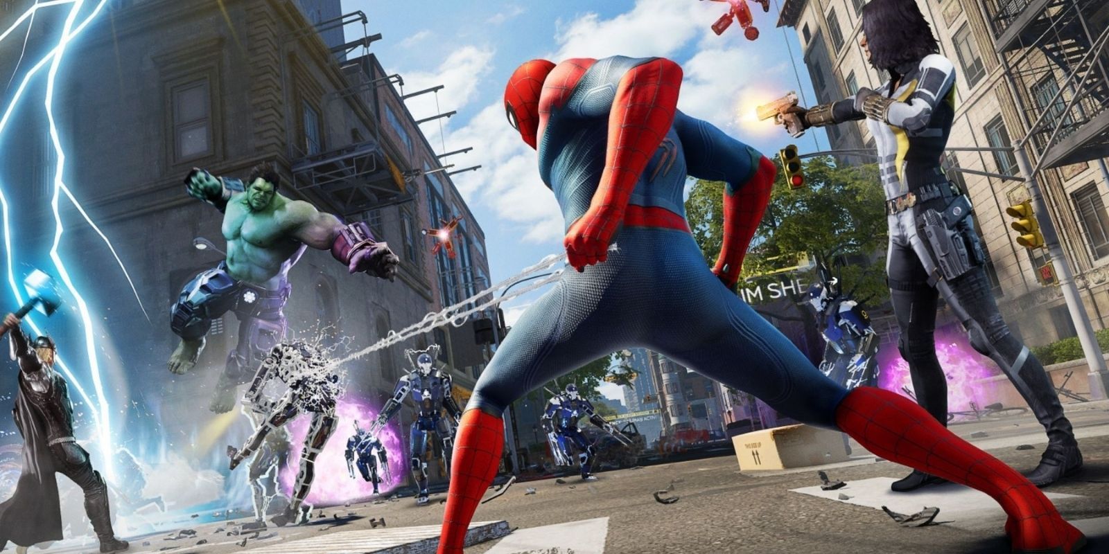 Spider-Man webs up a synthoid alongside Black Widow, Hulk and Thor in Marvel's Avengers