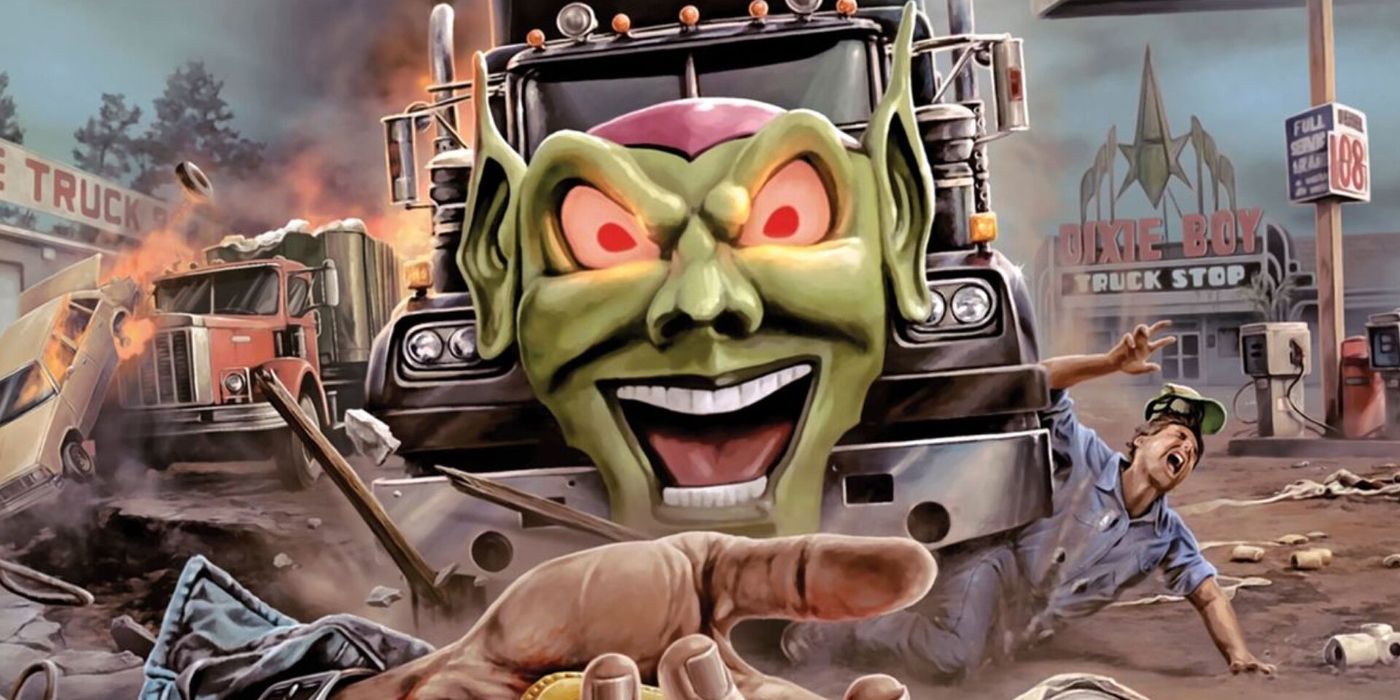 A truck running over someone in a poster of Maximum Overdrive.