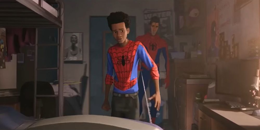 Peter B. Parker webs up Miles Morales to make him stay behind in Spider-Man: Enter the Spider-Verse