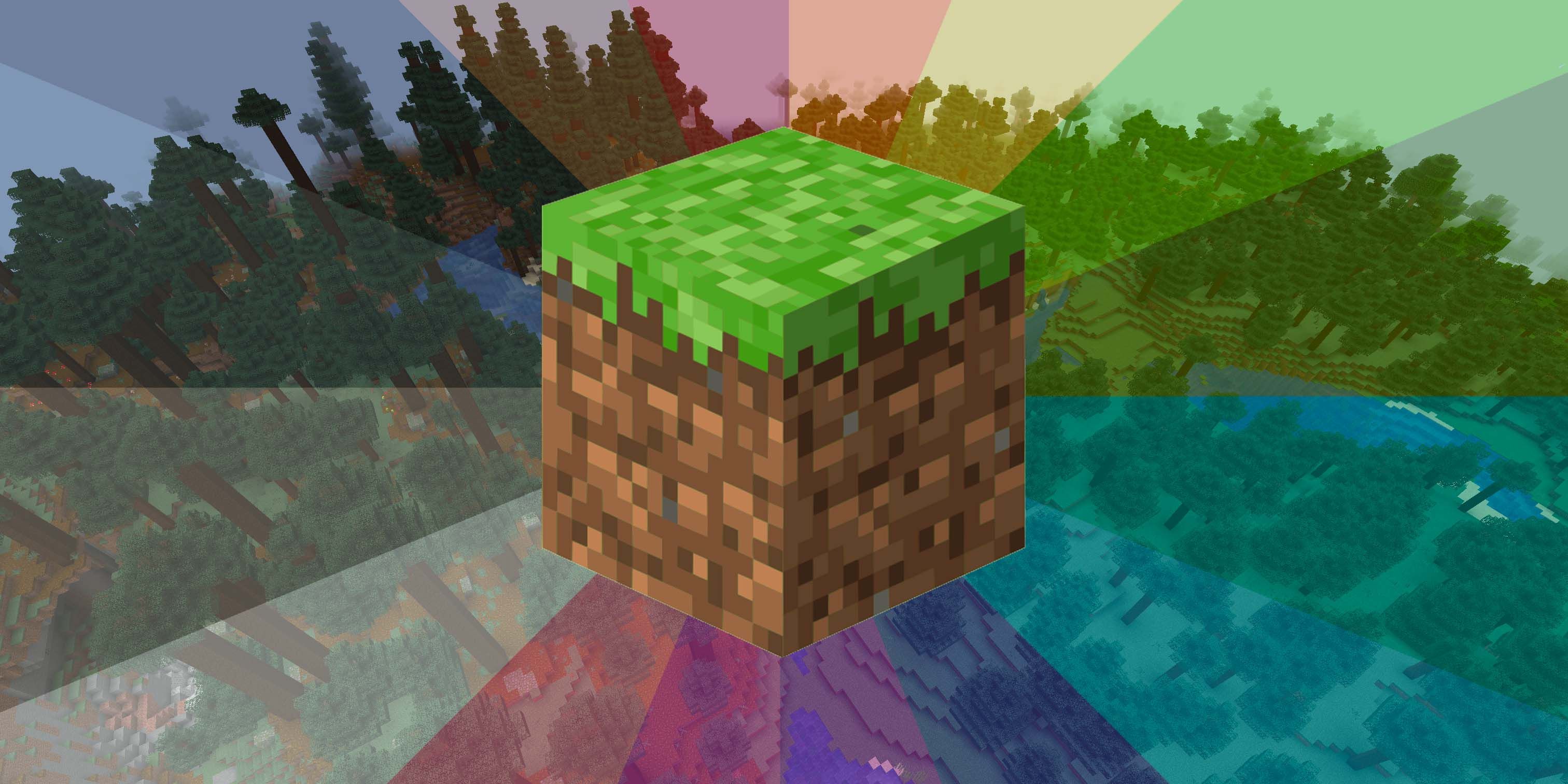 A Minecraft grass block surrounded by rays of different prismatic colors.