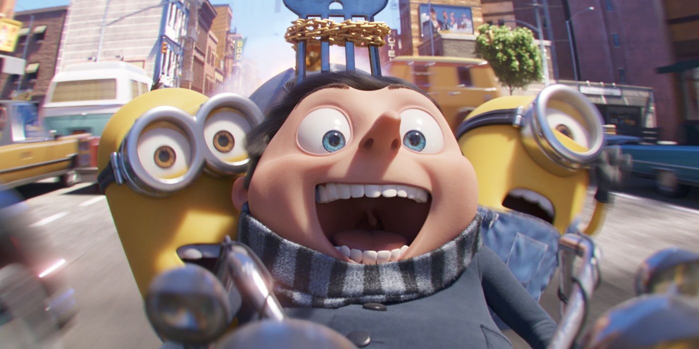(from left) Kevin, Gru (Steve Carell) and Stuart in Illumination’s Minions: The Rise of Gru, directed by Kyle Balda.