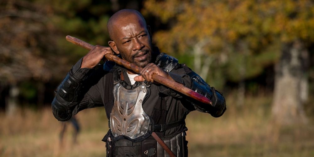 Morgan Jones fighting with his staff in The Walking Dead