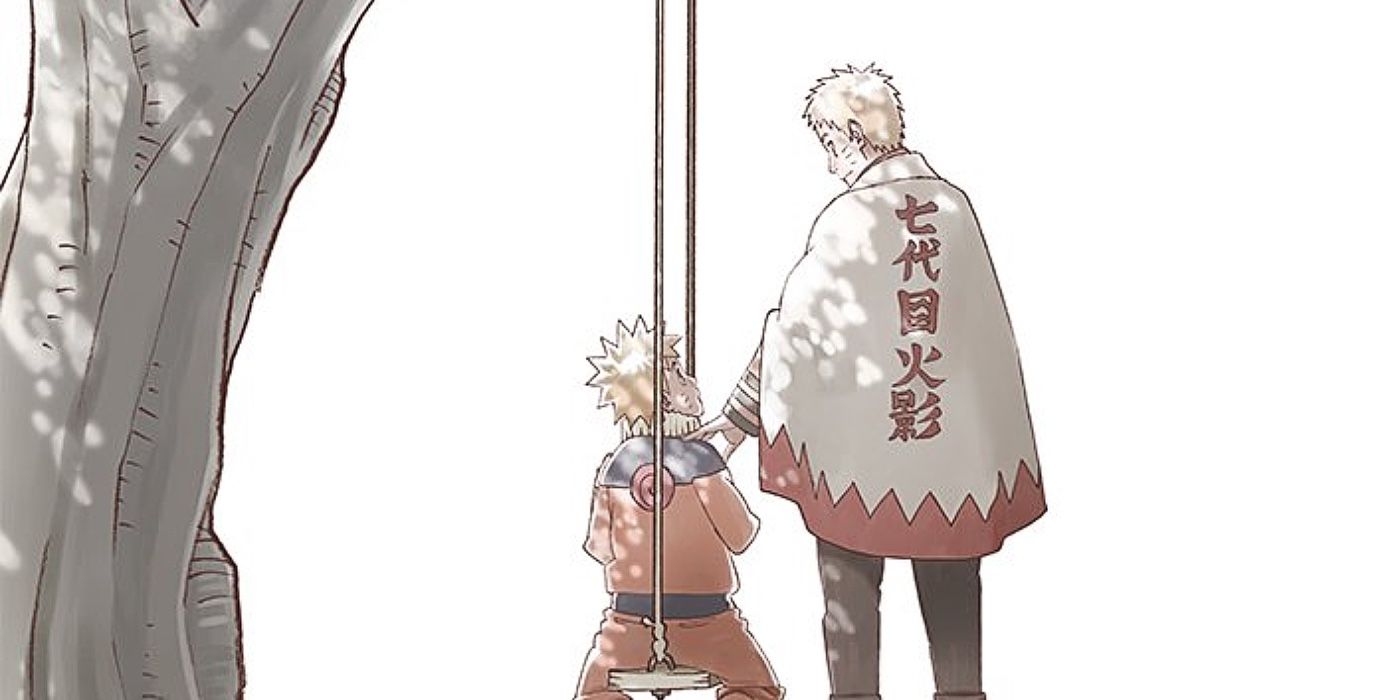 Adult Naruto comforting his younger self.