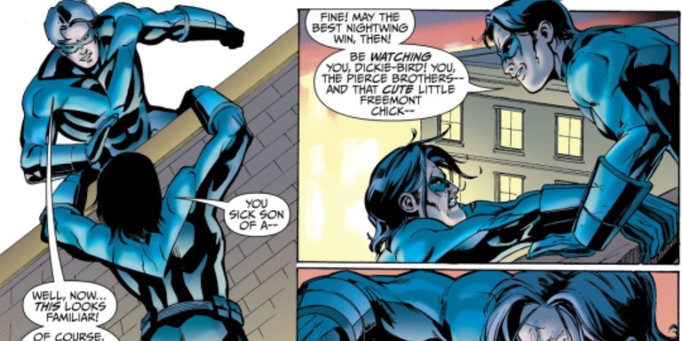 A scene from the Nightwing trade paperback Brothers in Blood in which Dick Grayson and Jason Todd fight each other both dressed up as Nightwing.