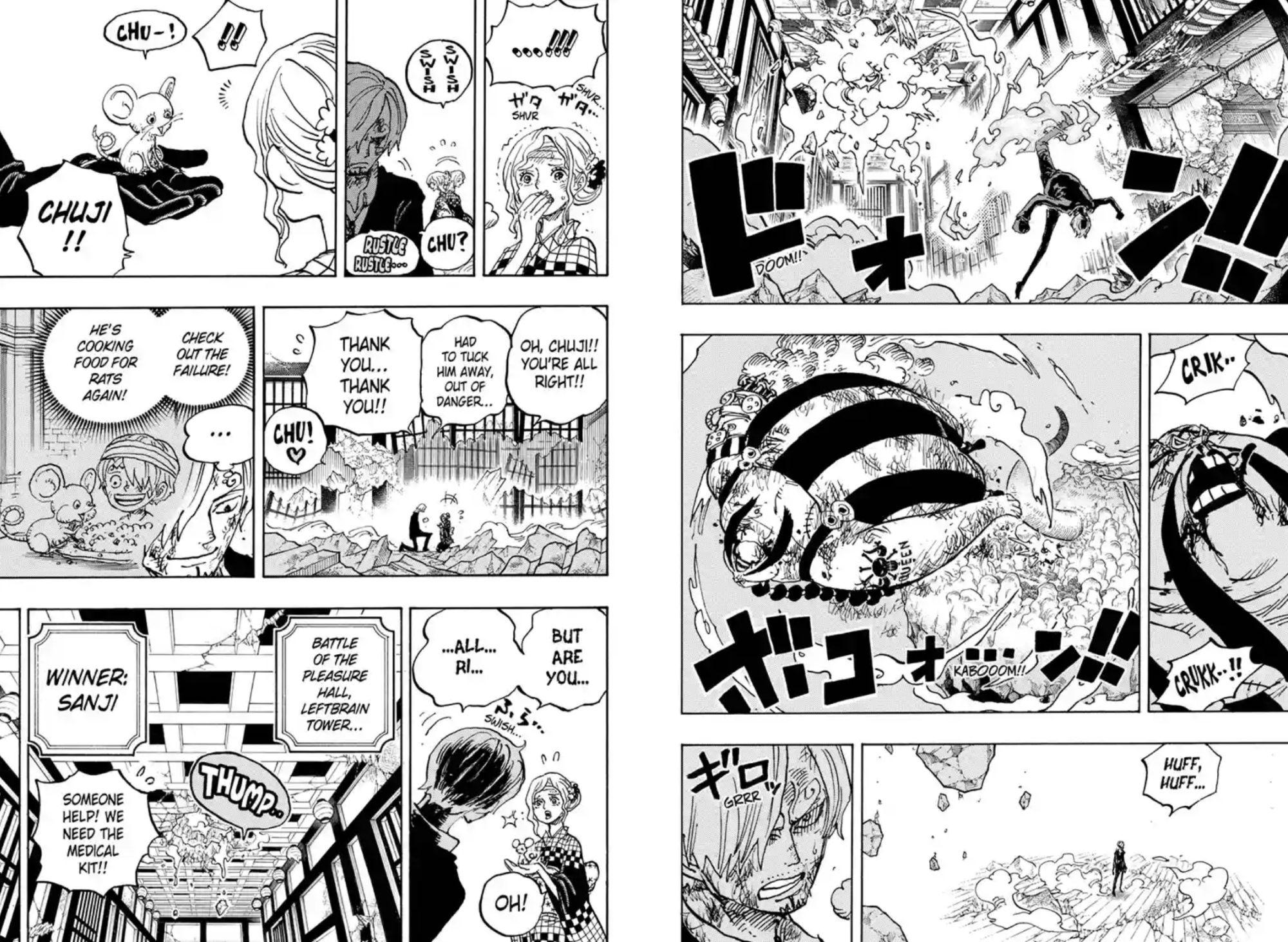 Sanji sauve Osome et Chuji dans les panneaux de manga du chapitre 1034.