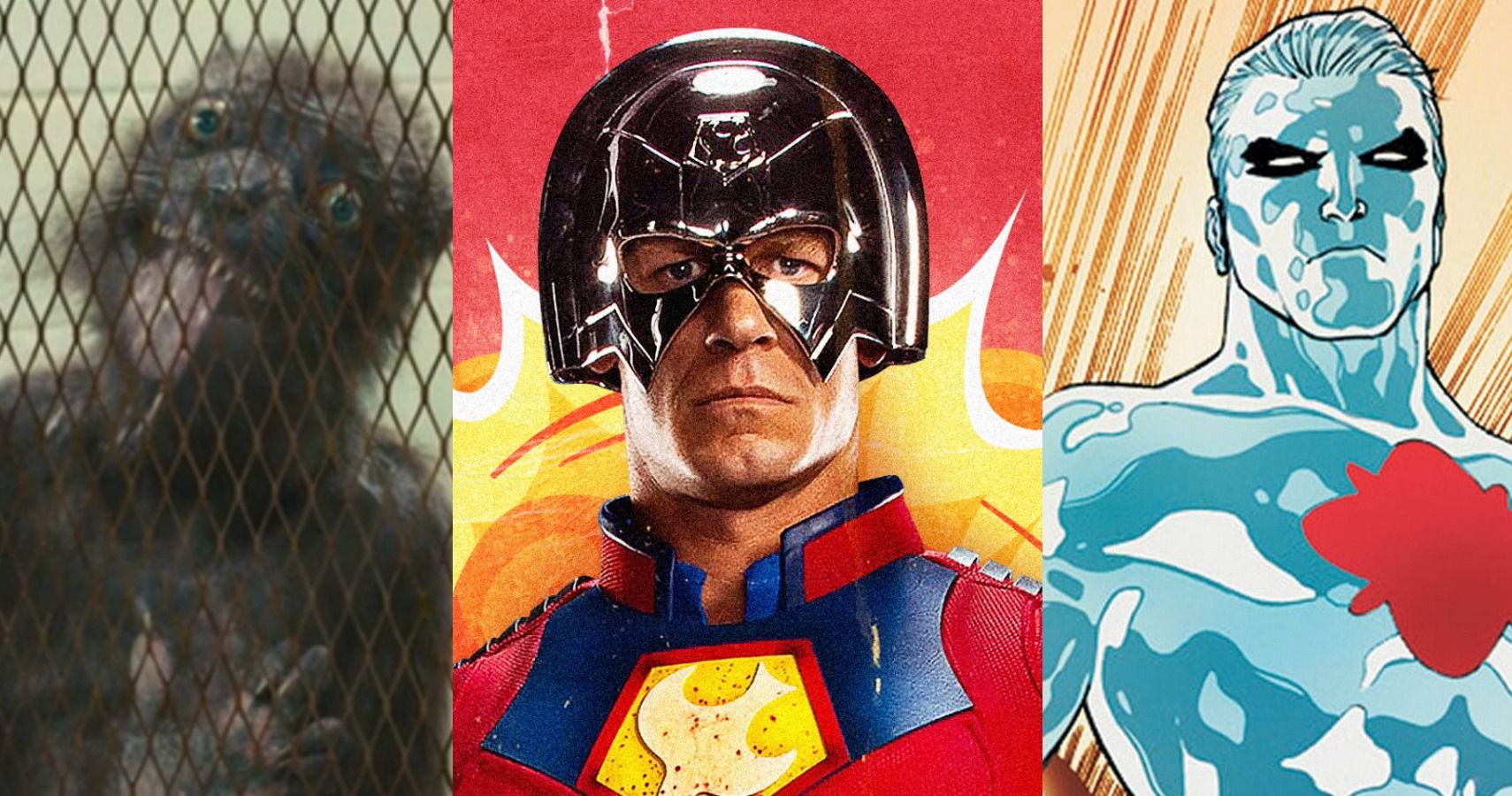 A combined image featuring an image of Sean Gunn's Weasel on the left, and image of John Cena's Peacemaker in the middle, and an image of the superhero Captain Atom on the right.