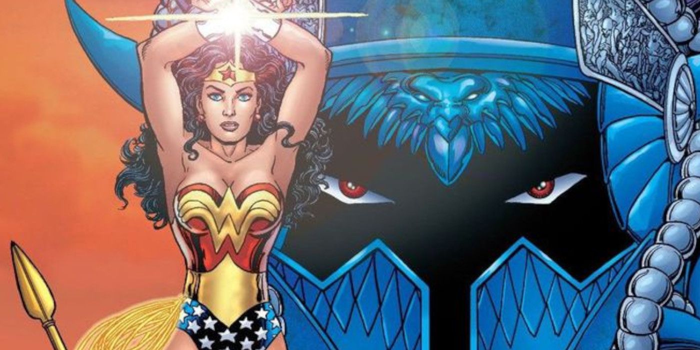 Wonder Woman holds her arts aloft imposed against Ares