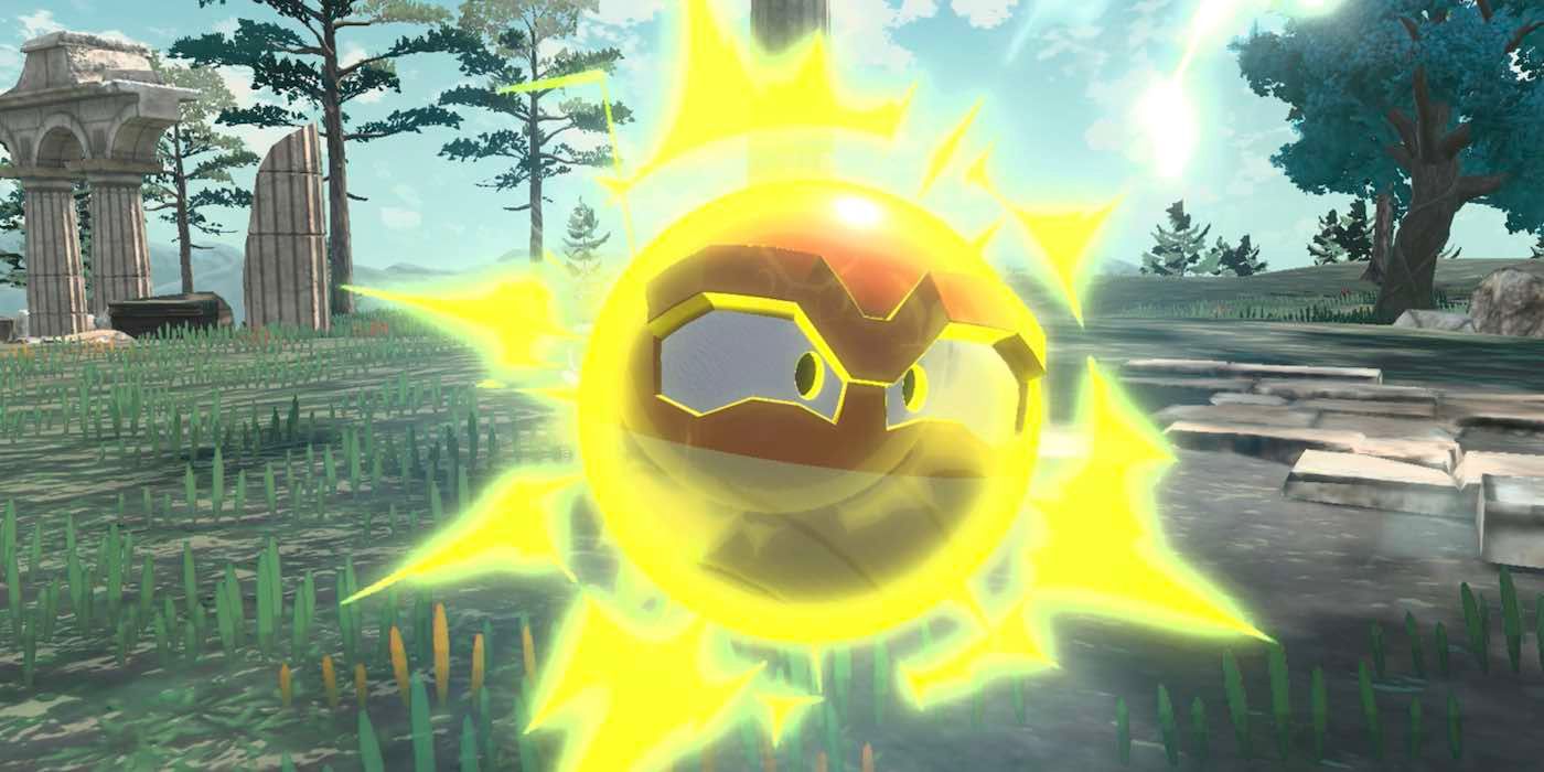Hisuian Voltorb from Pokémon Legends Arceus putting out an electric discharge.