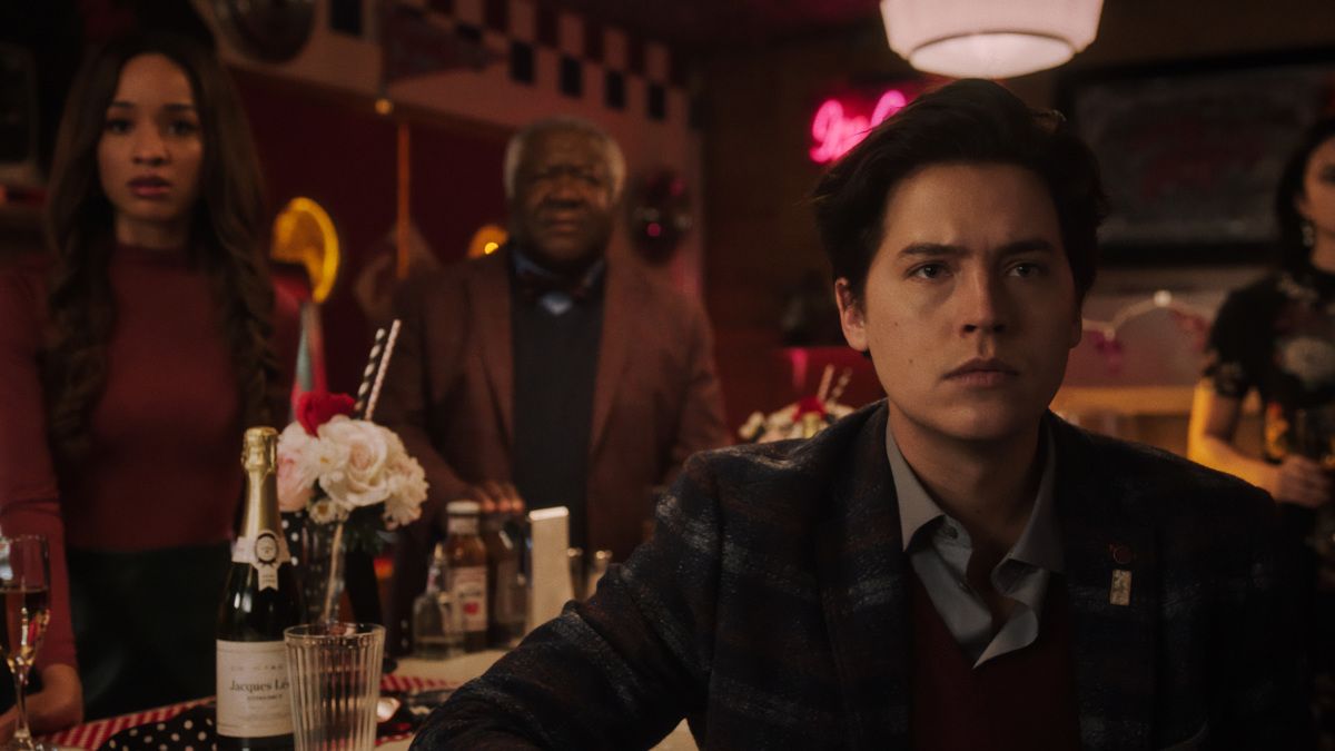 Riverdale -- &quot;Chapter One Hundred: The Jughead Paradox&quot; -- Image Number: RVD605fg_0047r.jpg -- Pictured (L-R): Erinn Westbrook as Tabitha Tate, Alvin Sanders as Pop Tate and Cole Sprouse as Jughead Jones -- Photo: The CW -- © 2021 The CW Network, LLC. All Rights Reserved.