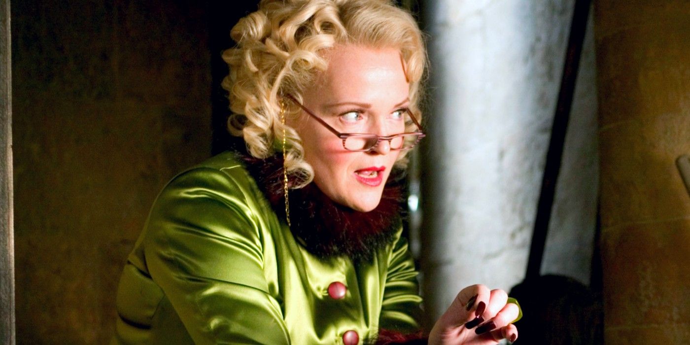 Rita Skeeter in a green jacket in Harry Potter and the Goblet of Fire.