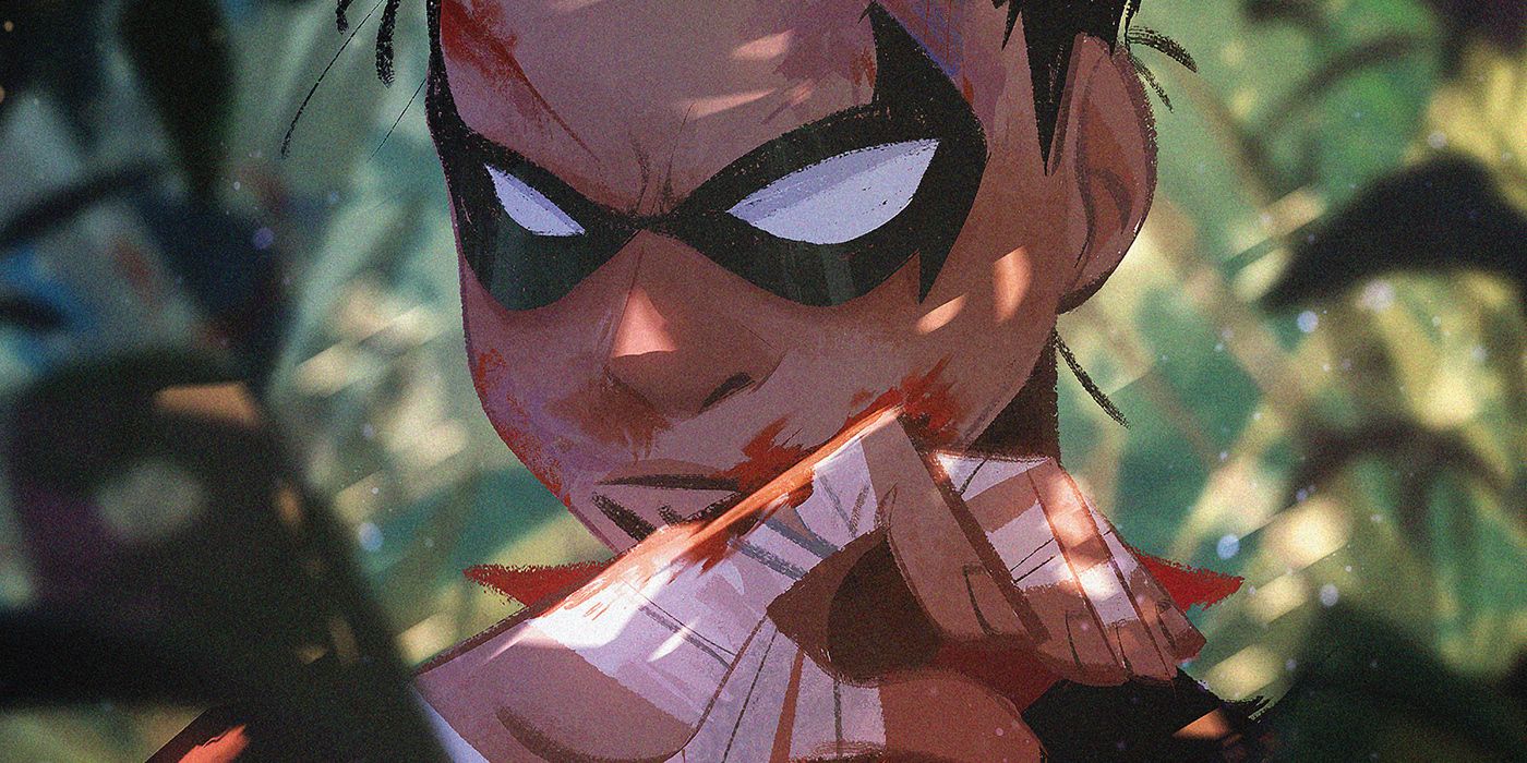 Damian Wayne wipes his battered face on a variant cover for Robin #9.
