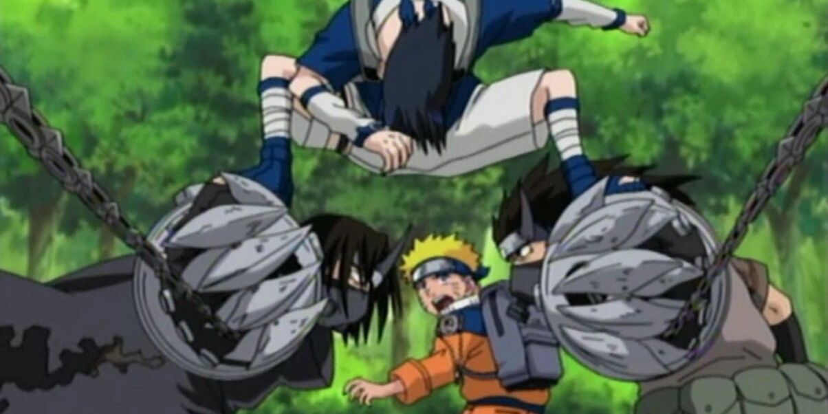 Sasuke saves Naruto during the Land of Waves mission in Naruto.