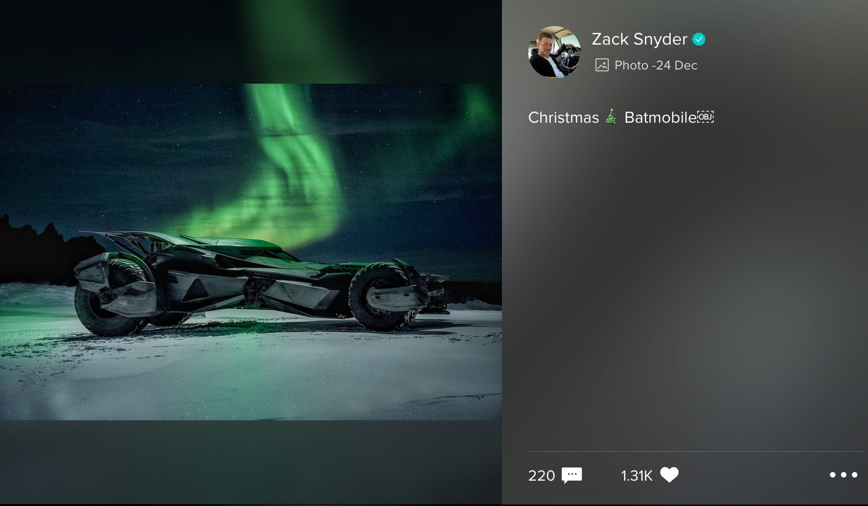 A Christmas-themed image shared by Zack Snyder on Vero of Batman's Batmobile in the DC Extended Universe.