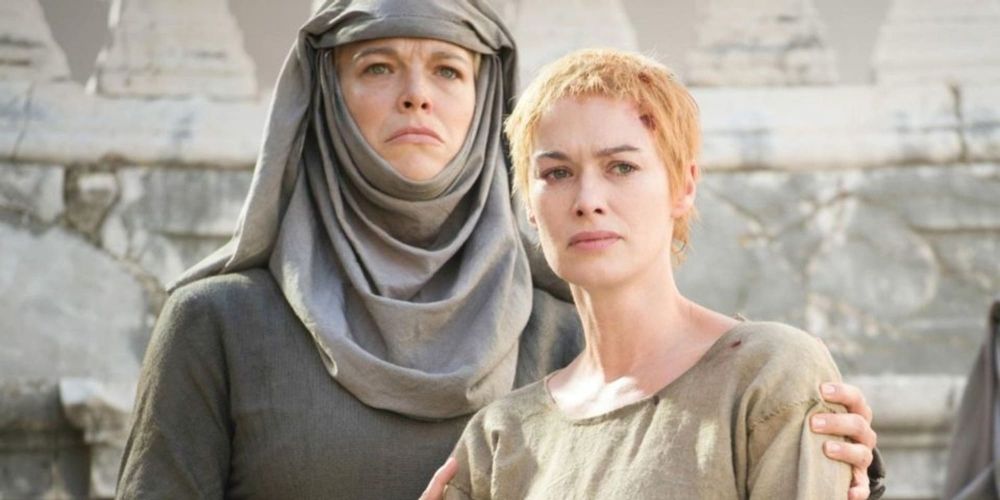 Septa Unella preparing Cersei Lannister for her walk of shame in Game of Thrones