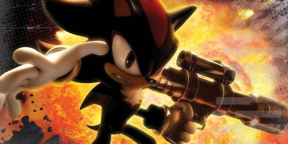 Shadow the Hedgehog holds a gun in front of an explosion in Shadow the Hedgehog
