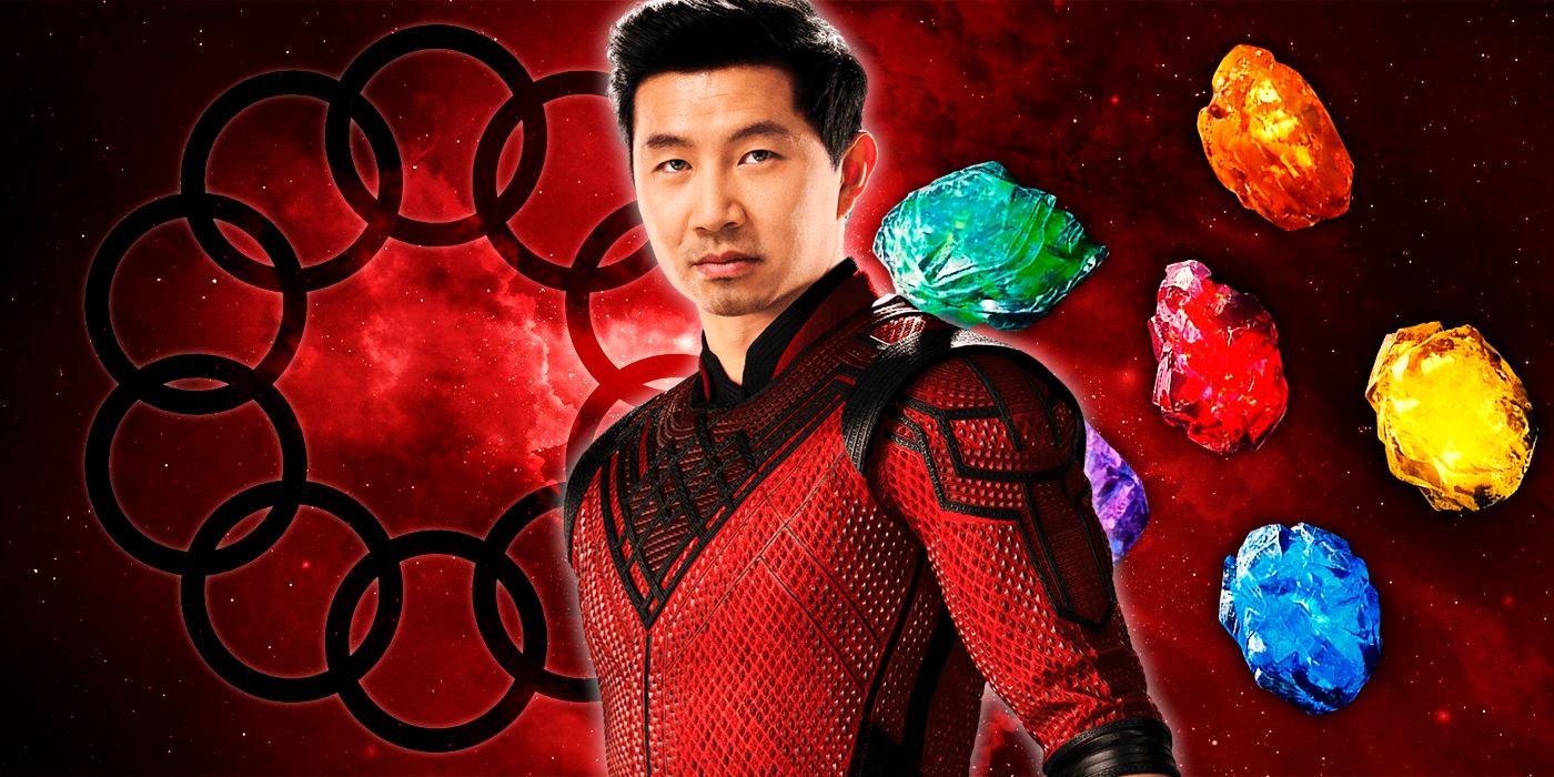 Shang-Chi in front of Ten Rings logo and Infinity Stones