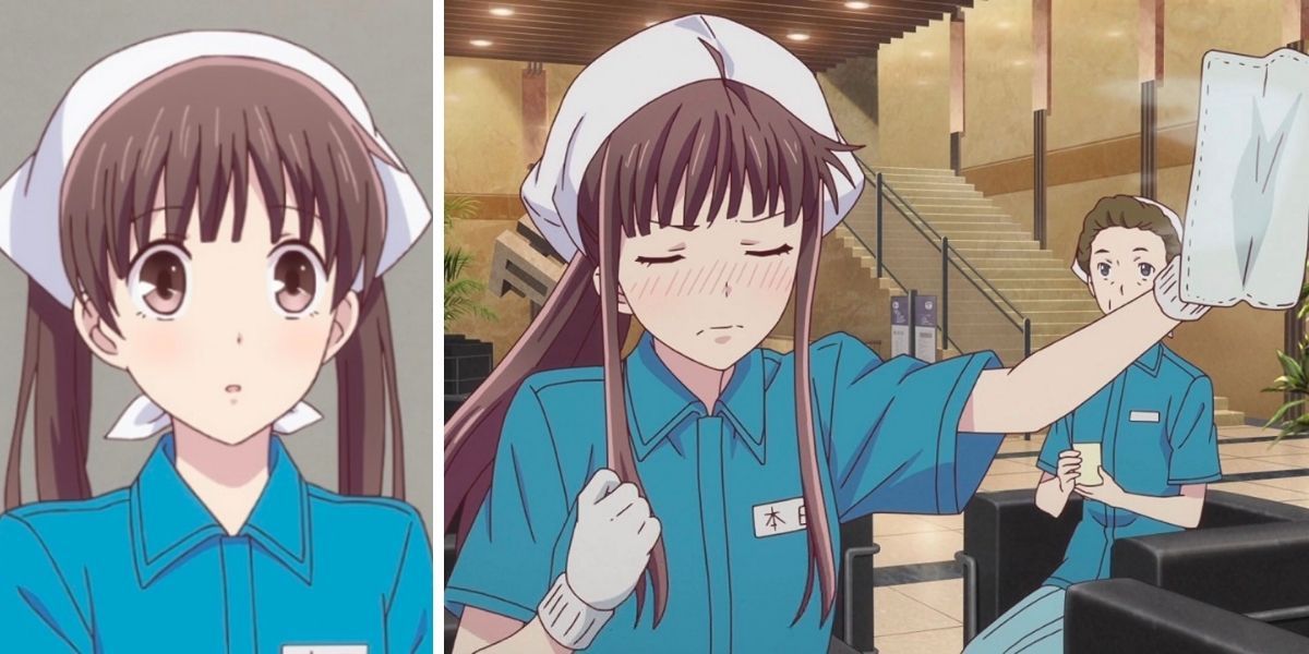 Images feature Tohru Honda from Fruits Basket at her cleaning job