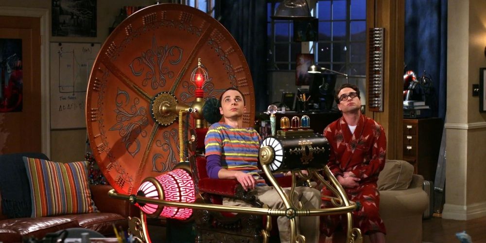 Sheldon and Leonard in their time machine prop The Big Bang Theory