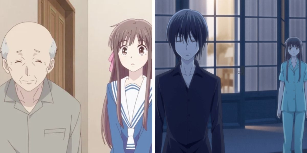 Images feature Tohru Honda from Fruits Basket with her grandfather and with Akito Sohma