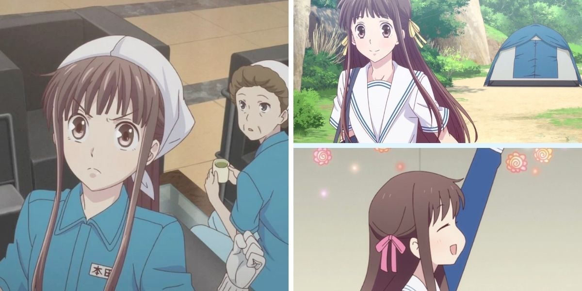 Images feature Tohru Honda from Fruits Basket at her job, in front of her tent, and at school