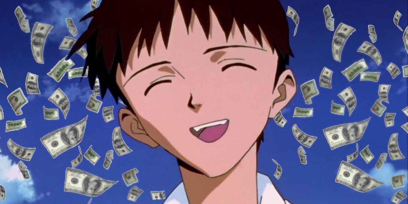 Evangelion sad boy Shinji Ikari and a bunch of money