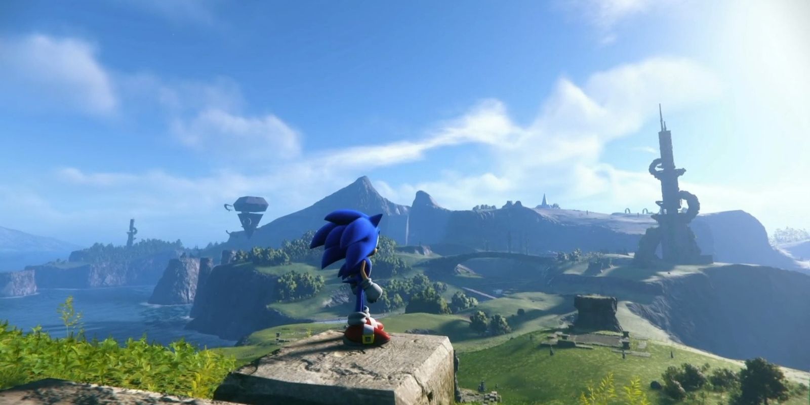 Sonic the Hedgehog looking over a sweeping landscape in Sonic Frontiers