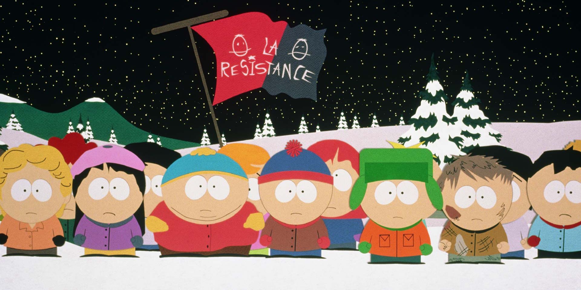 The kids of South Park engage in the La Resistance musical number in South Park: Bigger, Longer & Uncut