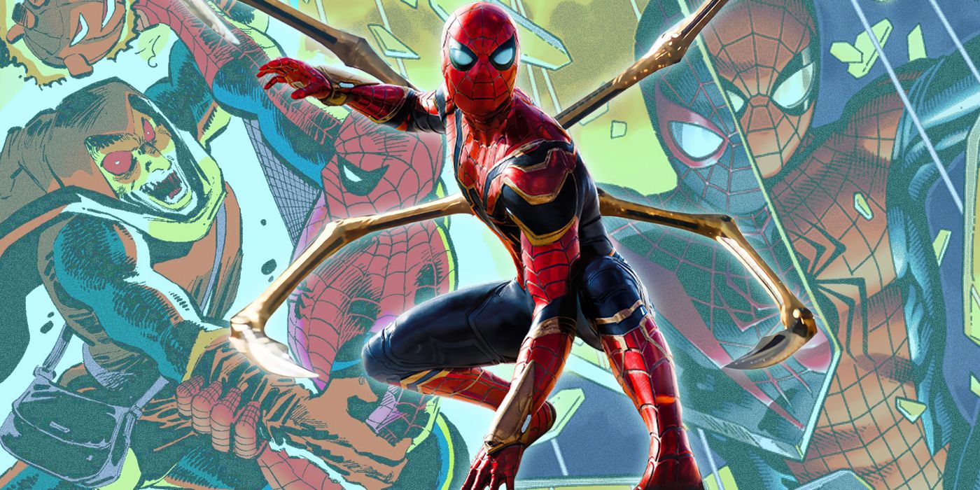 Spider-Man from the MCU in front of comic covers split image