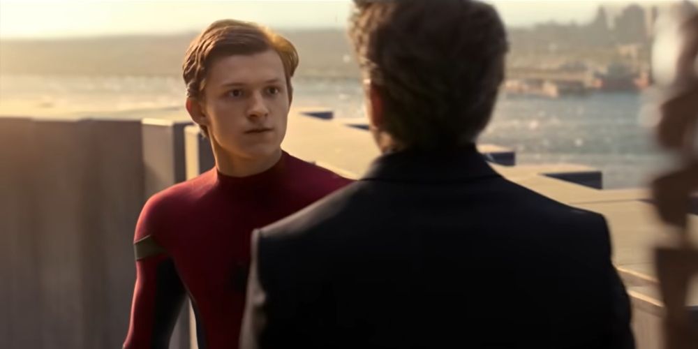 Peter Parker and Tony Stark argue after the cruise ship incident in Spider-Man: Homecoming