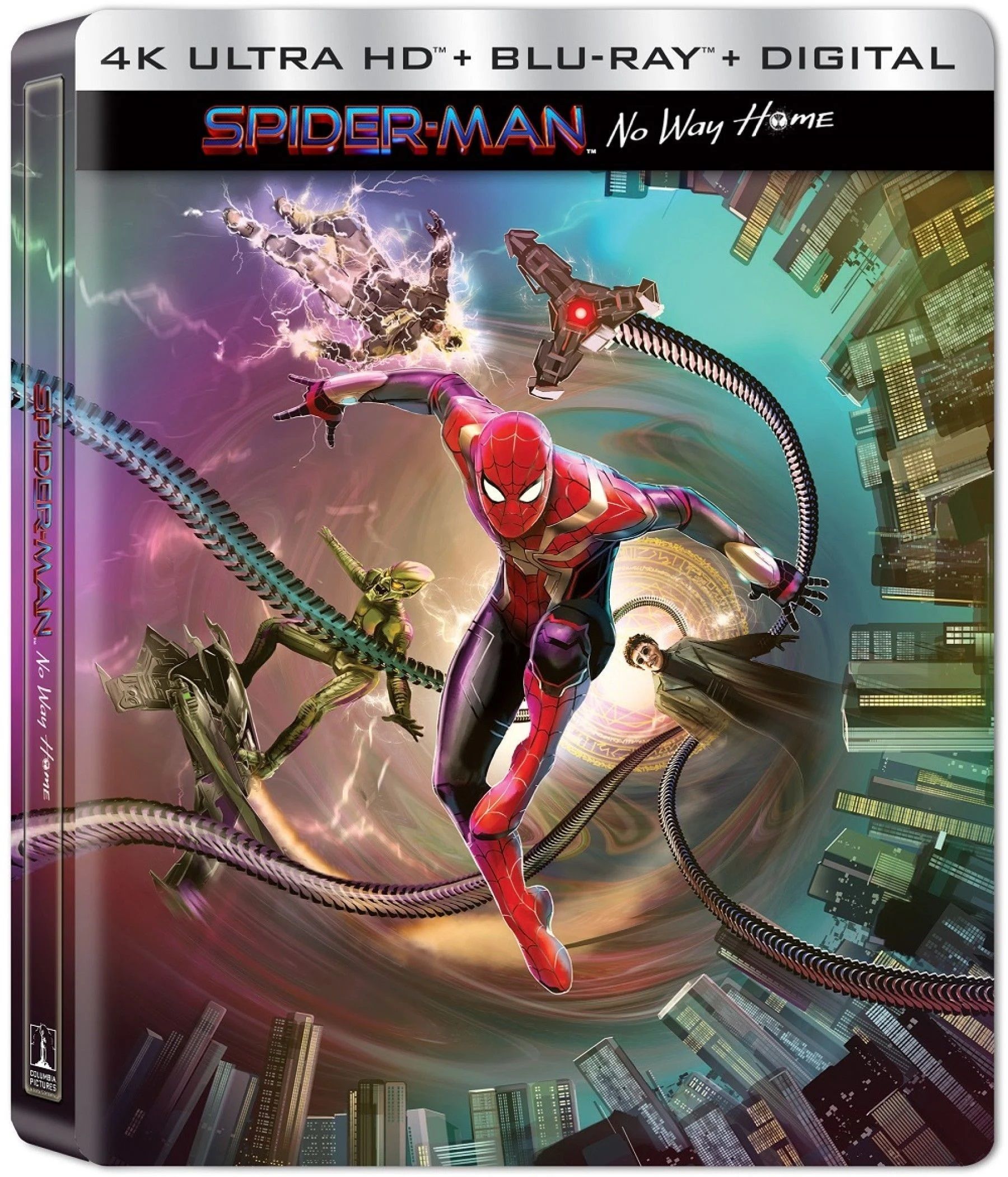 Tom Holland as Peter Parker alongside Green Goblin, Doctor Octopus and Electro on the steelbook cover of Spider-Man: No Way Home
