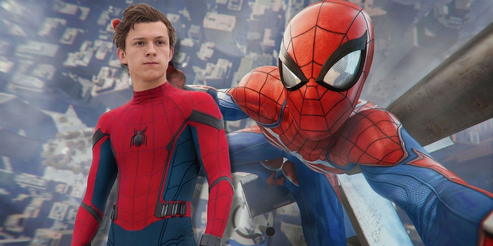 Tom Holland's Peter Parker next to Spider-Man from the PlayStation 4 game
