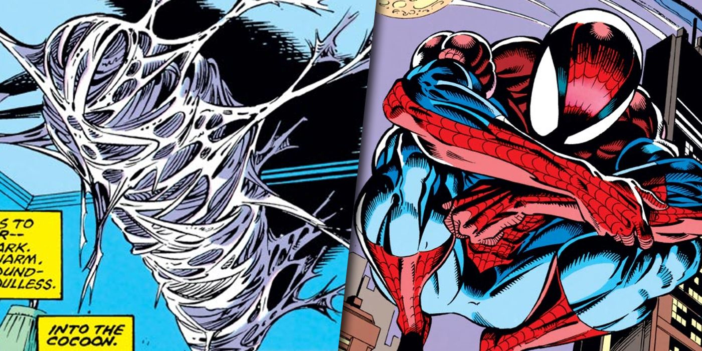 Spider-Man wrapped up in a web cocoon and brooding on a gargoyle split image