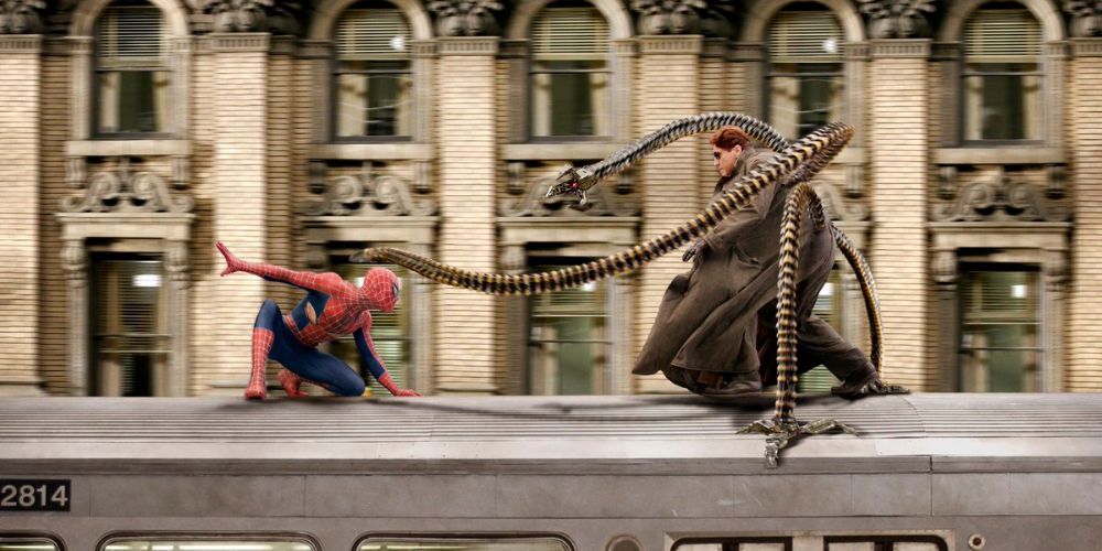 Spider-Man battles Doctor Octopus atop subway train in Spider-Man 2 (2004)