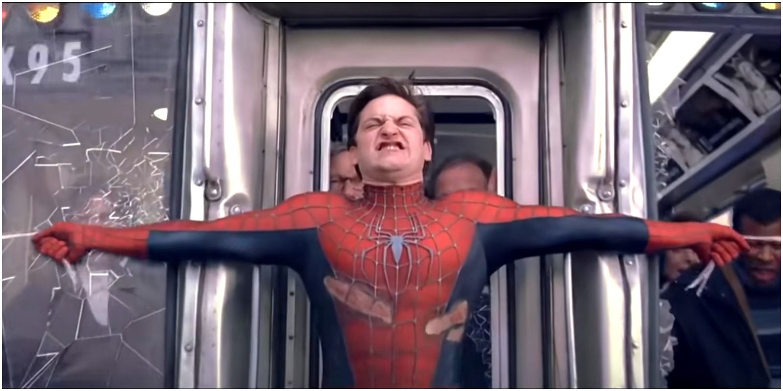 Tobey Maguire's Spider-Man stopping a speeding train from Spiderman 2