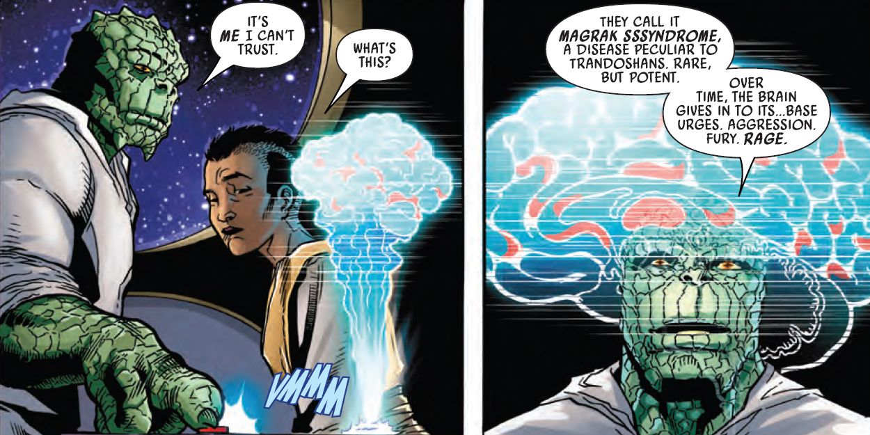 The image is two panels. In the first panel, Sskeer is standing next to Keeve and queues up a hologram of his brain scane. In the second image, Sskeer explains Magrak syndrome as he views the scan.