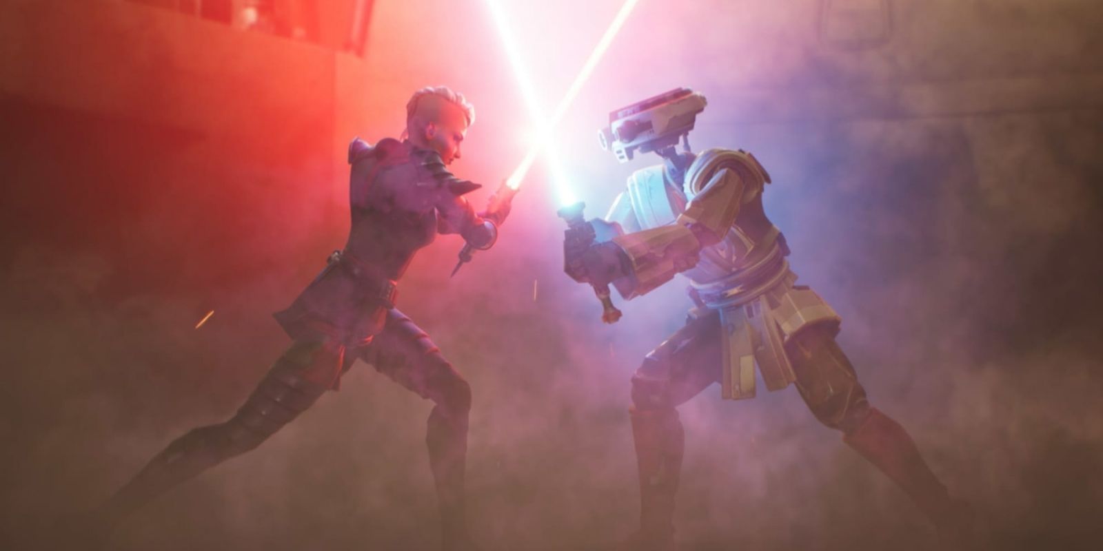 A sith and a robotic jedi do battle in Star Wars: Hunters