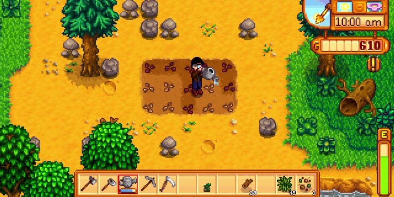 An image of art from Stardew Valley depicting a farmer tending to his garden.