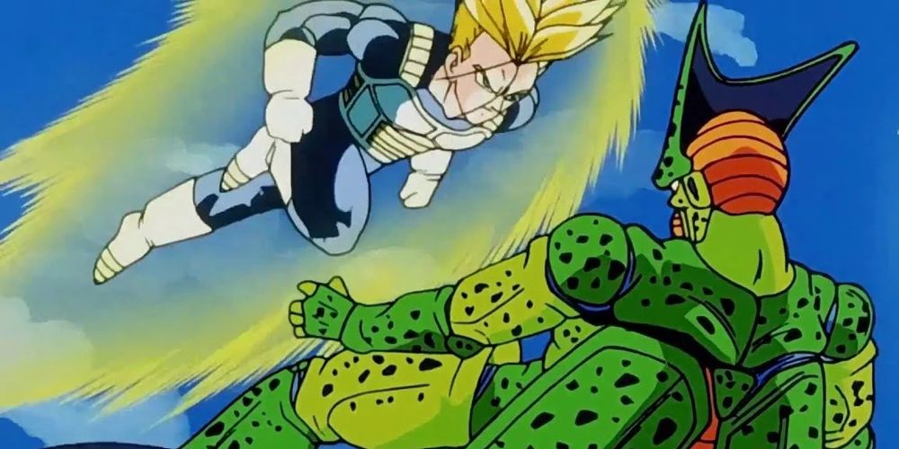 Super Saiyan Future Trunks attacks Imperfect Cell.