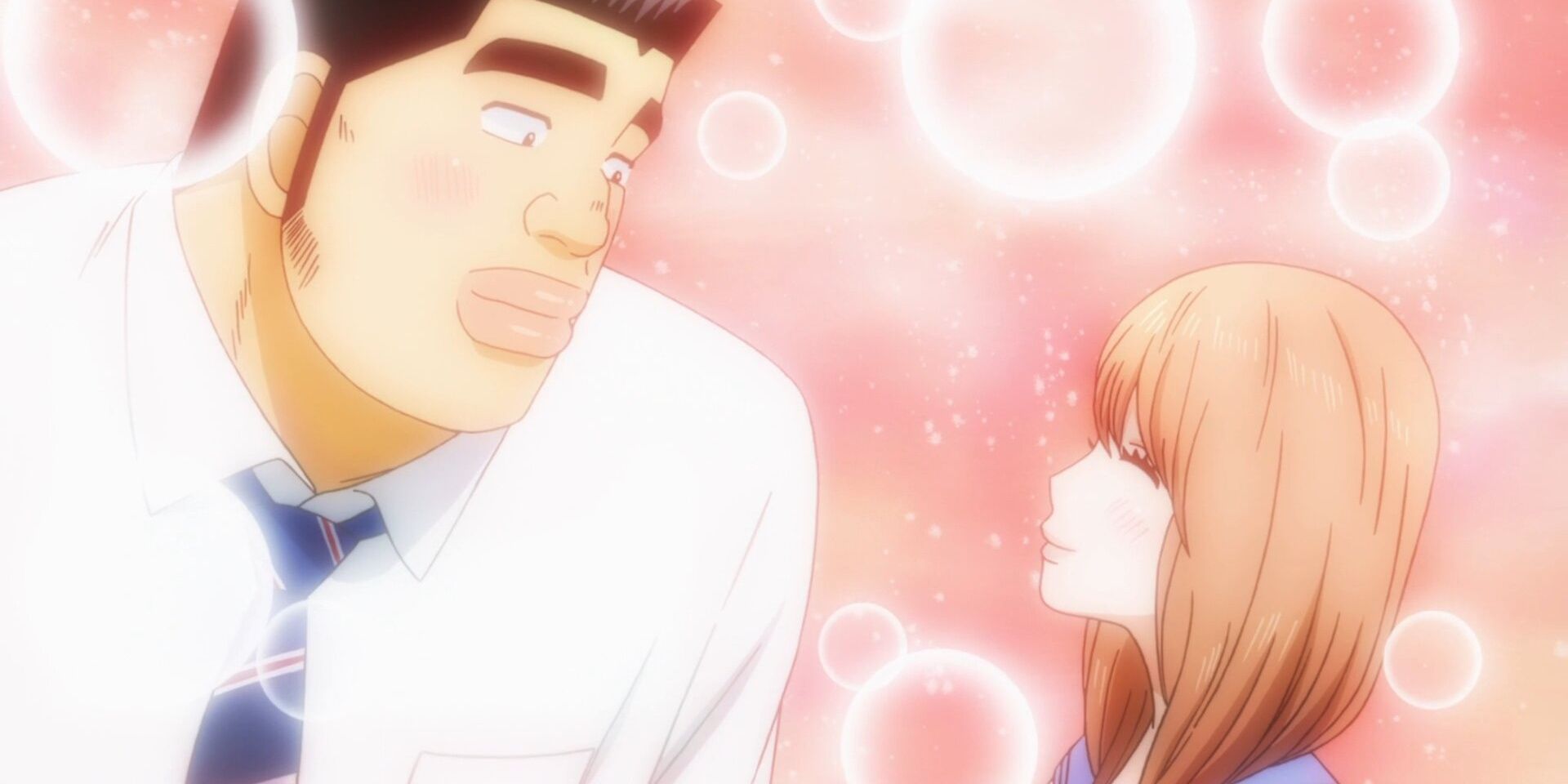 Takeo and Rinko from My Love Story looking at each other and smiling.